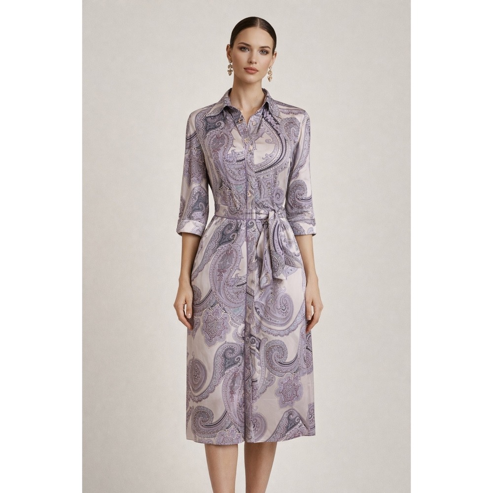 Max Mara Purple Paisley Viscose Midi Shirt Dress Made in Italy Size 40